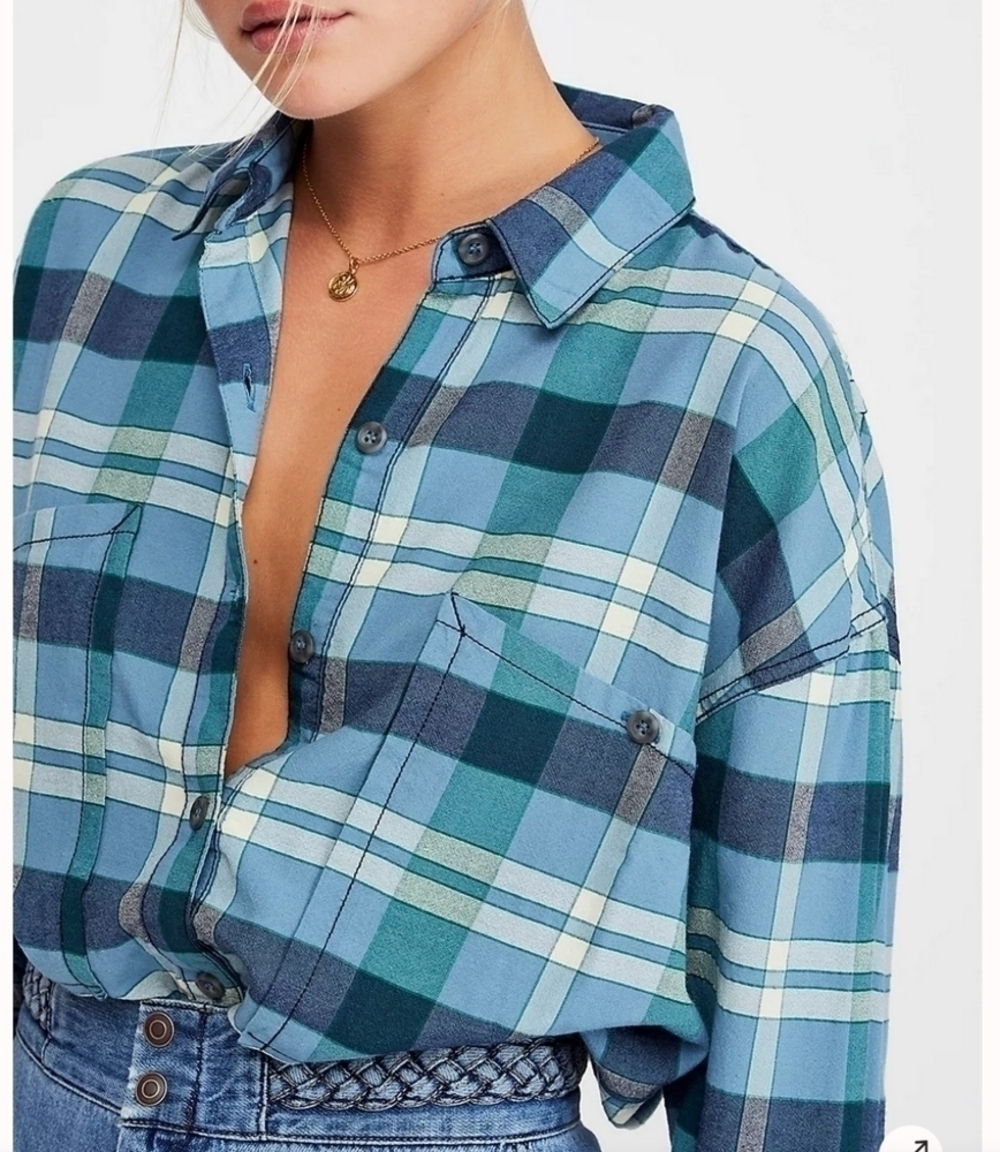 Free People Loveland Blue Plaid Button Up Shirt Oversized Pockets XS